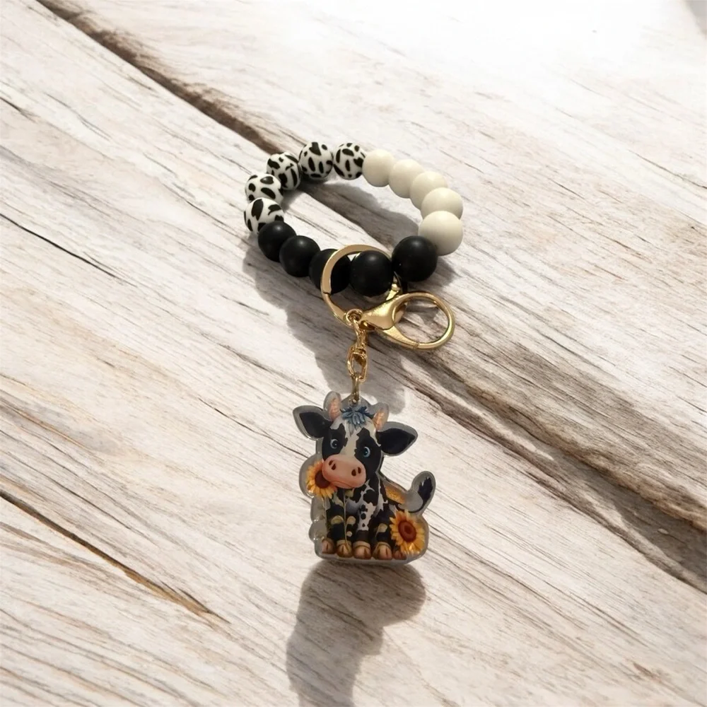 Beaded Wristlet Keychain Black White Silicone Cow Charm